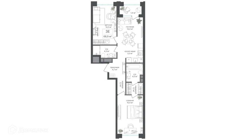 3-комнатная квартира 67.5 м² Михалковский
