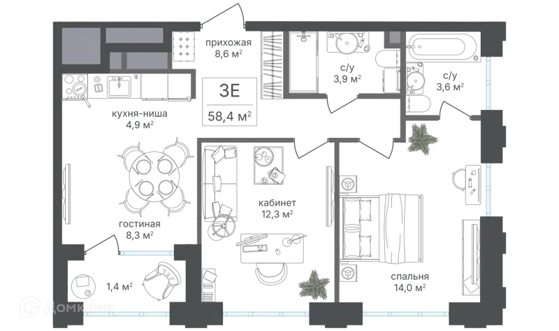 3-комнатная квартира 57 м² Михалковский