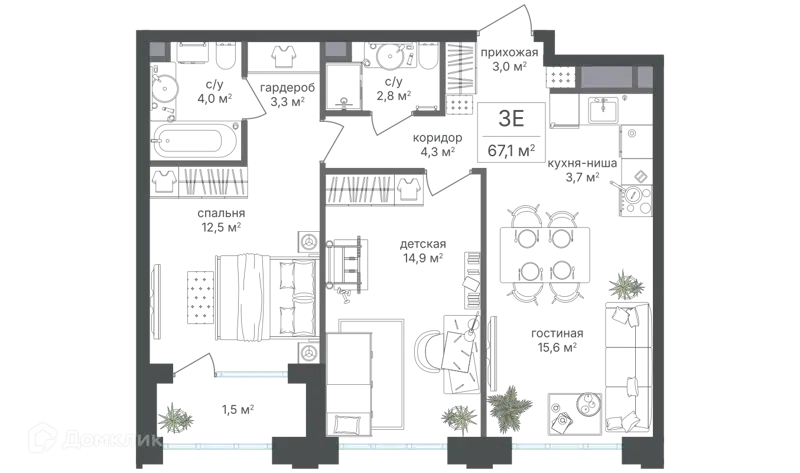 3-комнатная квартира 65.6 м² Михалковский