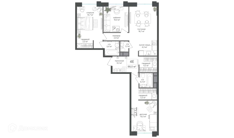 4-комнатная квартира 88 м² Михалковский