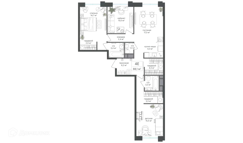 4-комнатная квартира 88.1 м² Михалковский