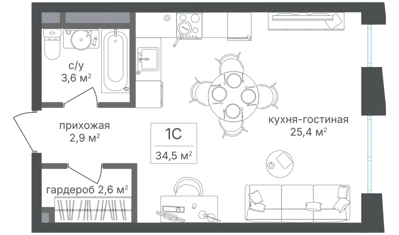 Студия 34.5 м² Семеновский парк 2