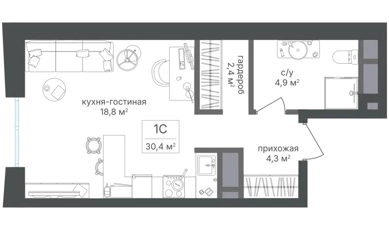 Студия 30.4 м² Семеновский парк 2