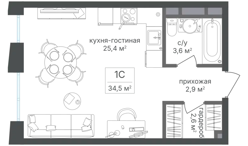 Студия 34.4 м² Семеновский парк 2