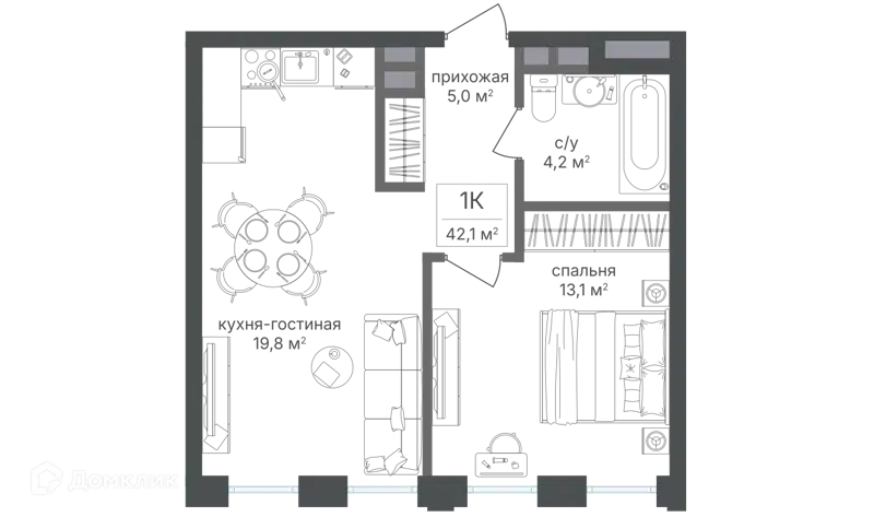 1-комнатная квартира 41.9 м² Семеновский парк 2