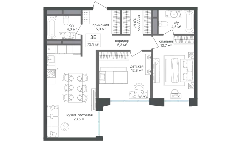 2-комнатная квартира 72.7 м² Семеновский парк 2