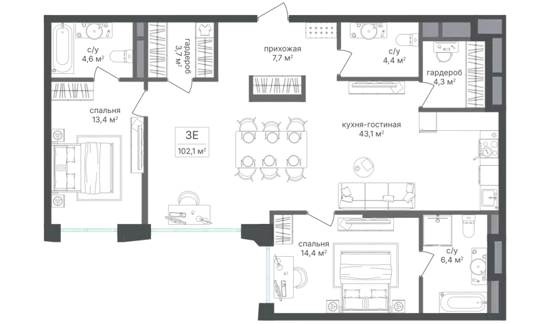 2-комнатная квартира 102.8 м² Семеновский парк 2