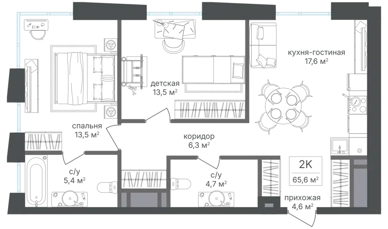 2-комнатная квартира 65.3 м² Семеновский парк 2