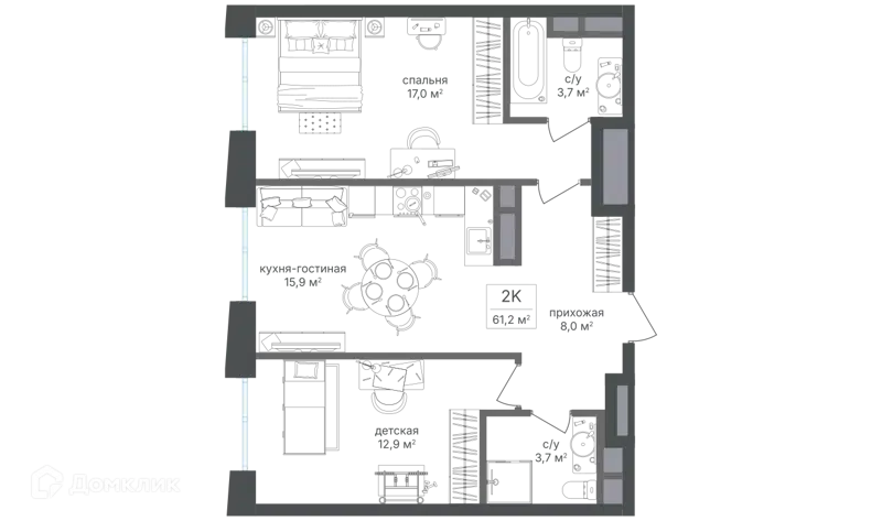 2-комнатная квартира 60.6 м² Семеновский парк 2
