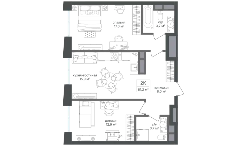 2-комнатная квартира 60.5 м² Семеновский парк 2