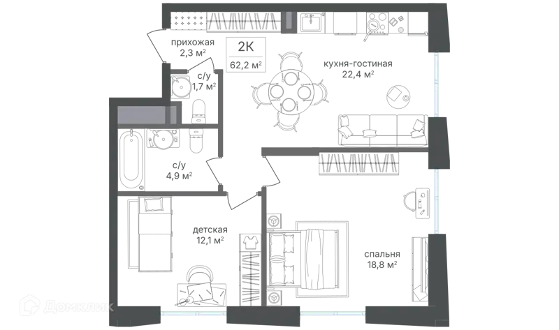 2-комнатная квартира 62.1 м² Семеновский парк 2