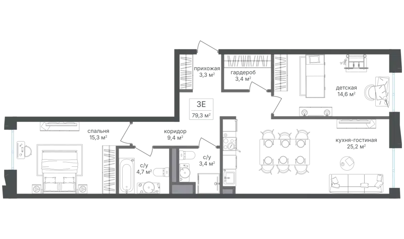 2-комнатная квартира 79.2 м² Семеновский парк 2