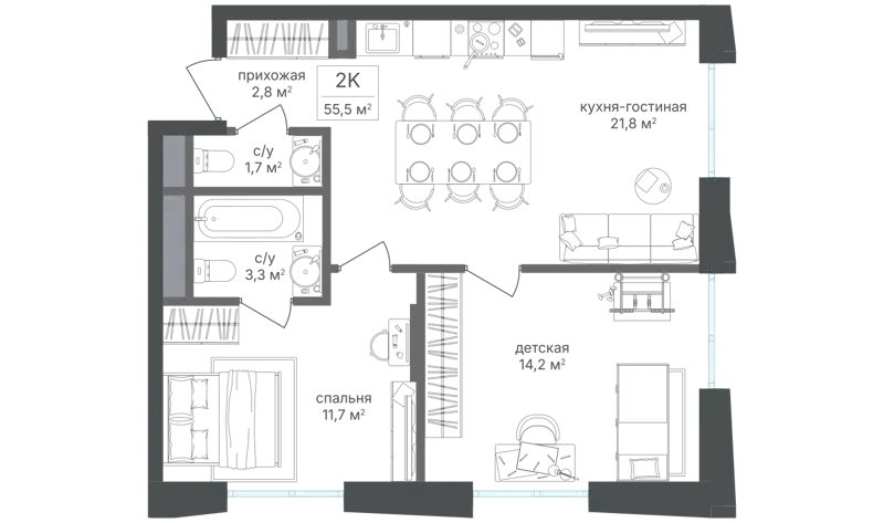 2-комнатная квартира 55.5 м² Семеновский парк 2