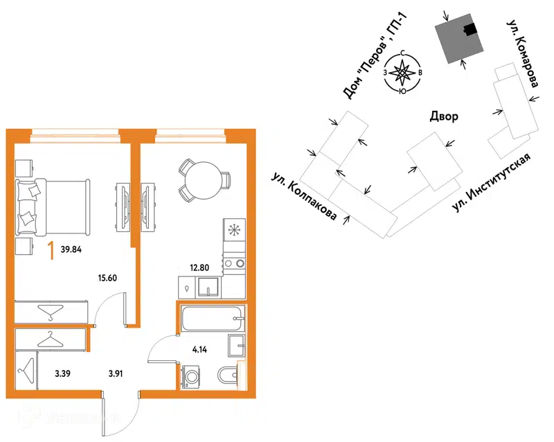 1-комнатная квартира 39.84 м² Страна.Парковая