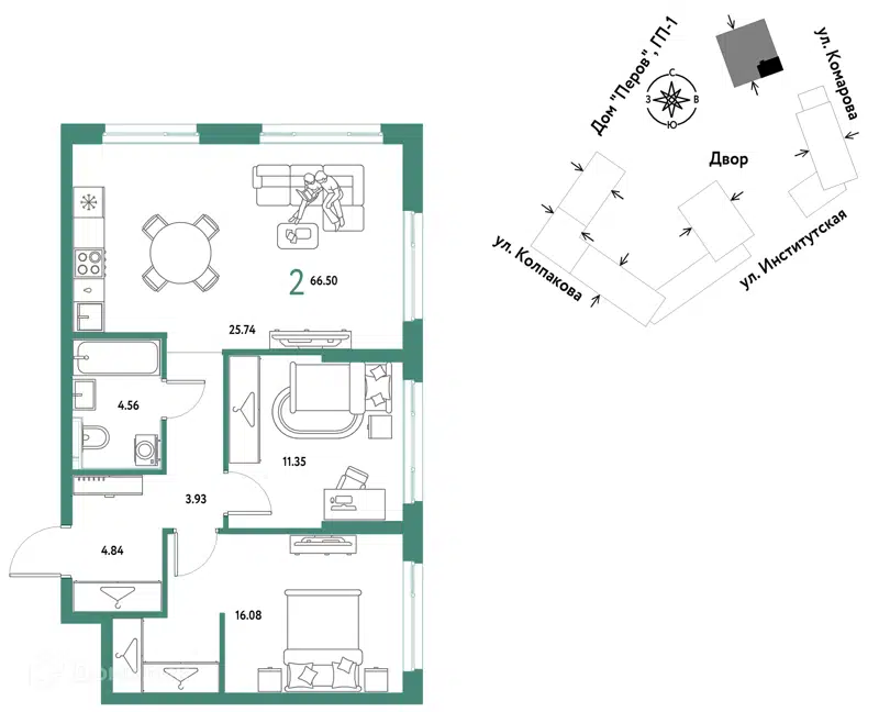 2-комнатная квартира 66.5 м² Страна.Парковая