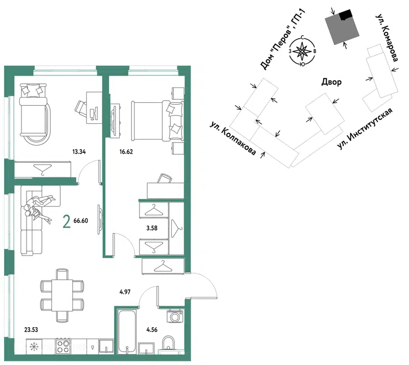 2-комнатная квартира 66.6 м² Страна.Парковая