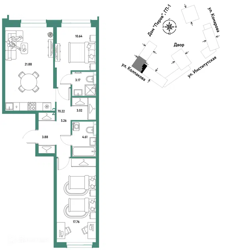 2-комнатная квартира 70.22 м² Страна.Парковая