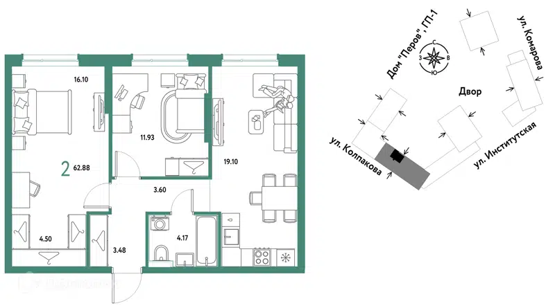 2-комнатная квартира 62.88 м² Страна.Парковая