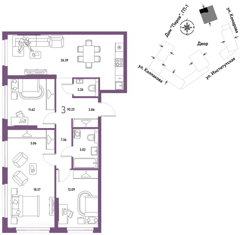 3-комнатная квартира 92.23 м² Страна.Парковая