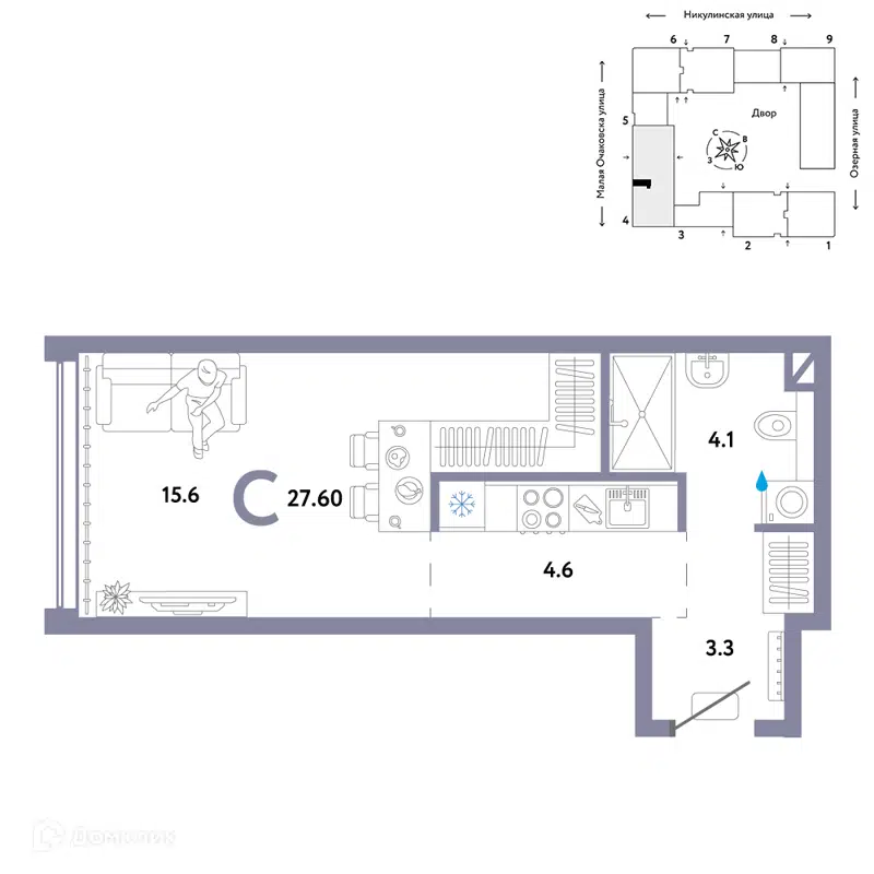 1-комнатная квартира 27.6 м² Страна.Озёрная