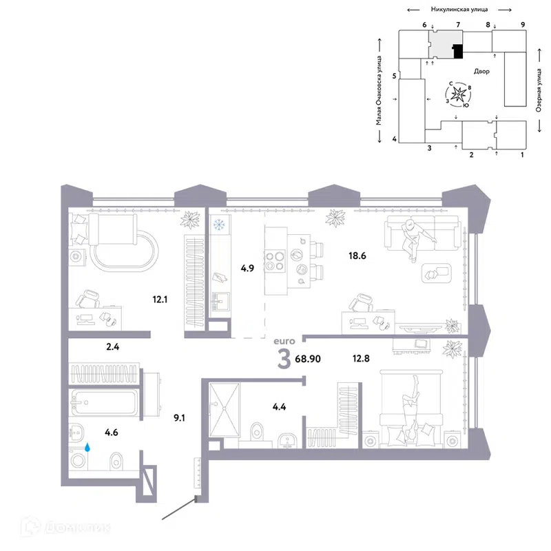 3-комнатная квартира 68.9 м² Страна.Озёрная