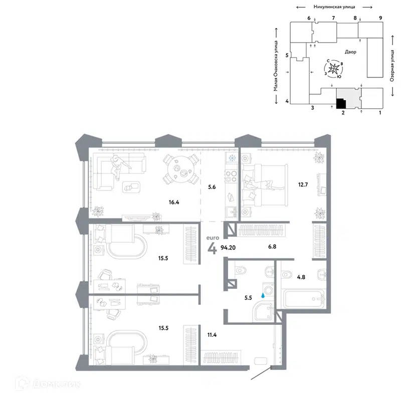 4-комнатная квартира 94.2 м² Страна.Озёрная