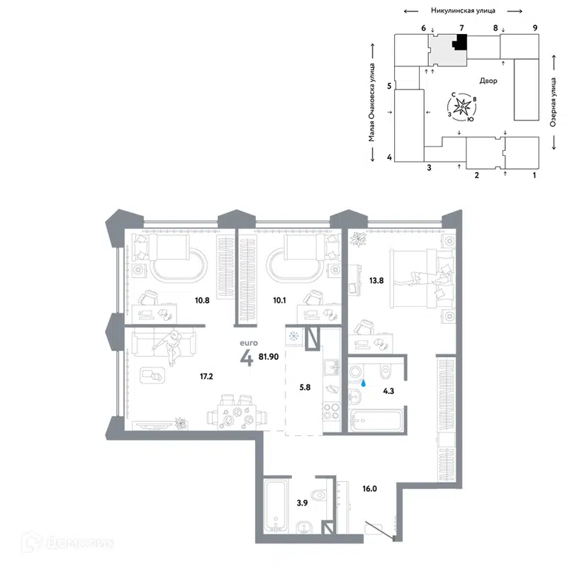 4-комнатная квартира 81.9 м² Страна.Озёрная