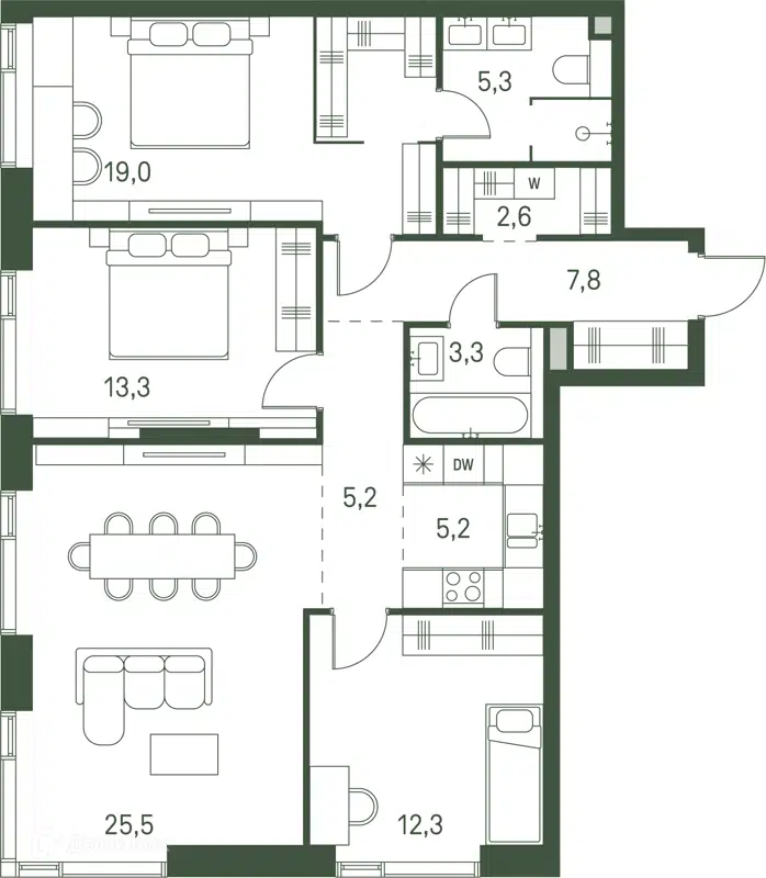 4-комнатная квартира 99.4 м² Моментс