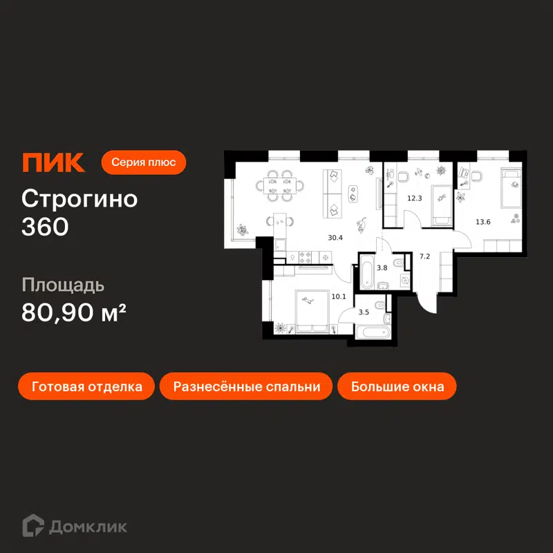 3-комнатная квартира 80.9 м² Строгино 360