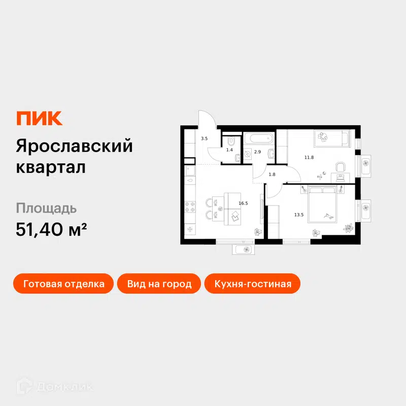 2-комнатная квартира 51.4 м² Ярославский квартал
