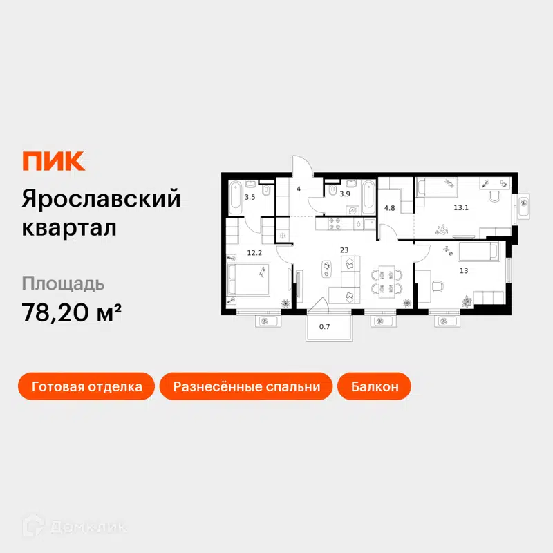 3-комнатная квартира 78.2 м² Ярославский квартал