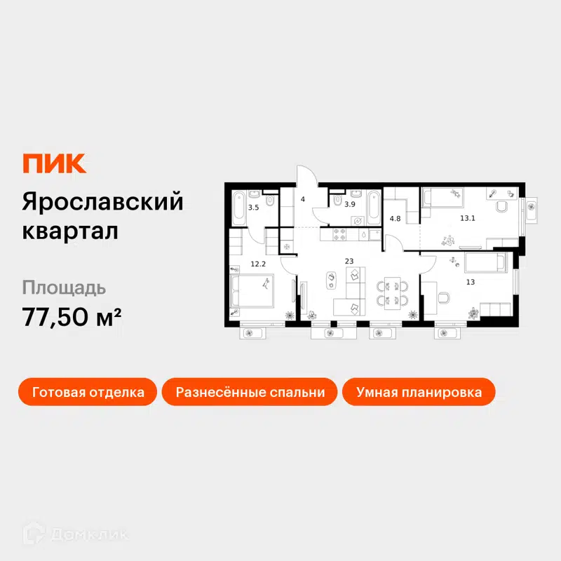 3-комнатная квартира 77.5 м² Ярославский квартал