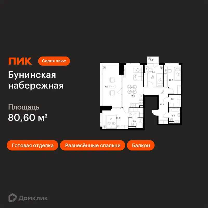 3-комнатная квартира 80.6 м² Бунинская набережная