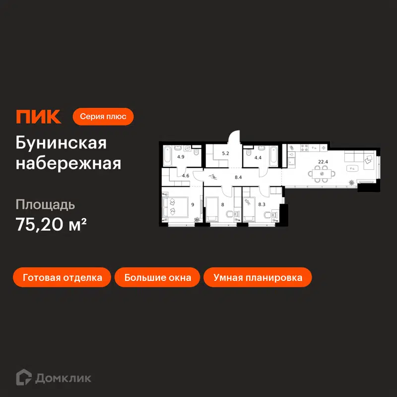 3-комнатная квартира 75.2 м² Бунинская набережная