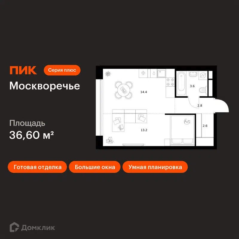 1-комнатная квартира 36.6 м² Москворечье