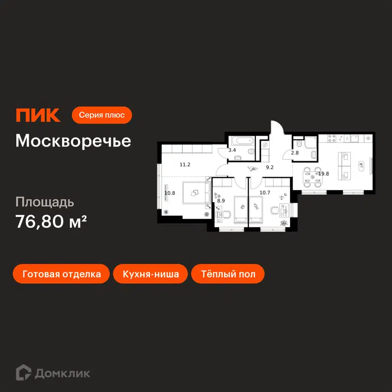 3-комнатная квартира 76.8 м² Москворечье