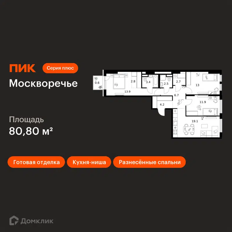 3-комнатная квартира 80.8 м² Москворечье