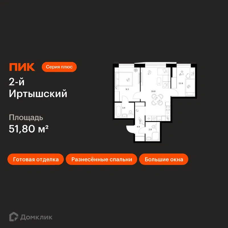 2-комнатная квартира 51.8 м² 2-й Иртышский