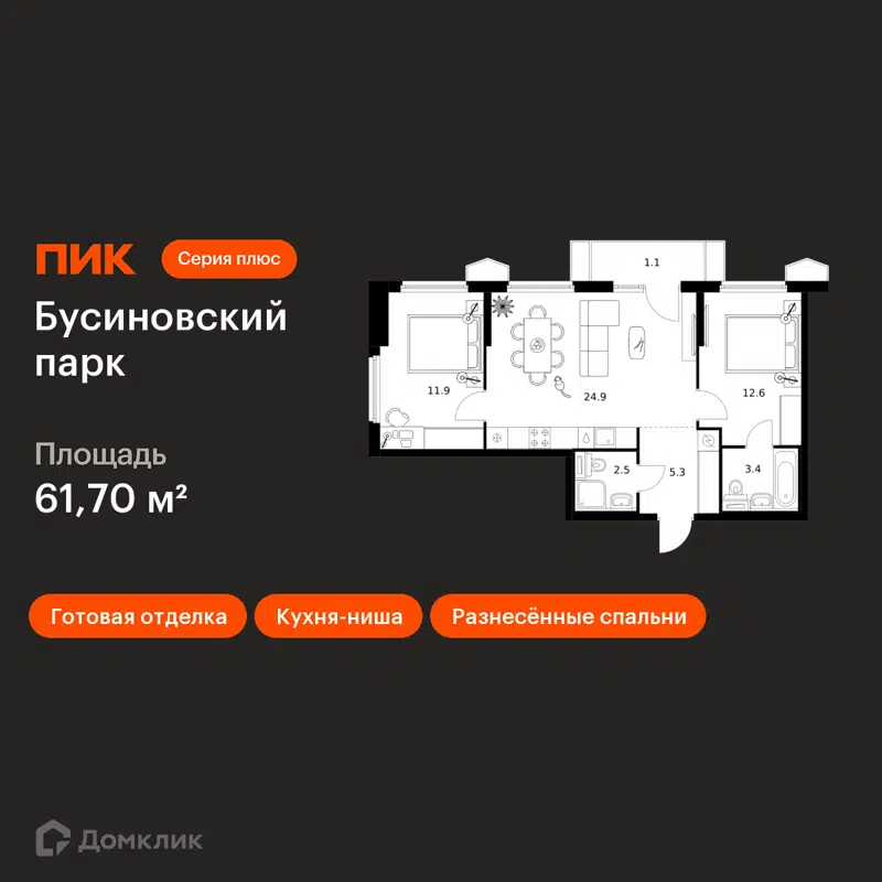 2-комнатная квартира 61.7 м² Бусиновский парк