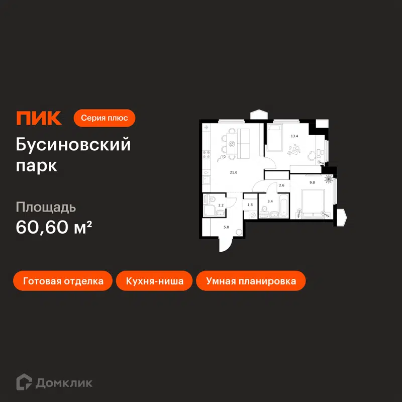 2-комнатная квартира 60.6 м² Бусиновский парк