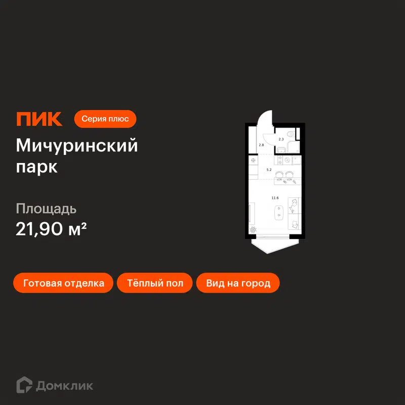 Студия 21.9 м² Мичуринский парк