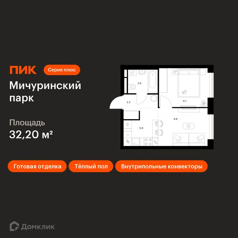 1-комнатная квартира 32.2 м² Мичуринский парк