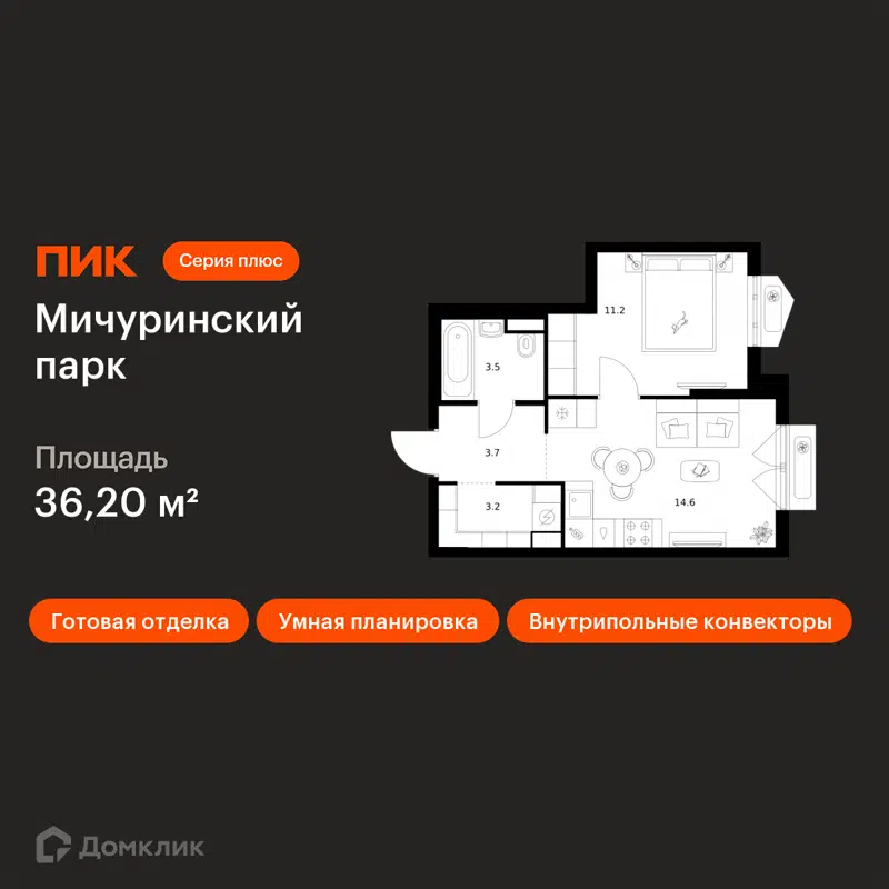 1-комнатная квартира 36.2 м² Мичуринский парк