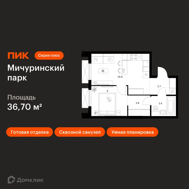 1-комнатная квартира 36.7 м² Мичуринский парк