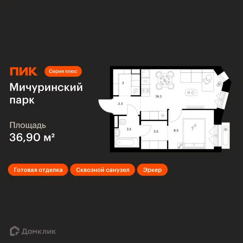 1-комнатная квартира 36.9 м² Мичуринский парк