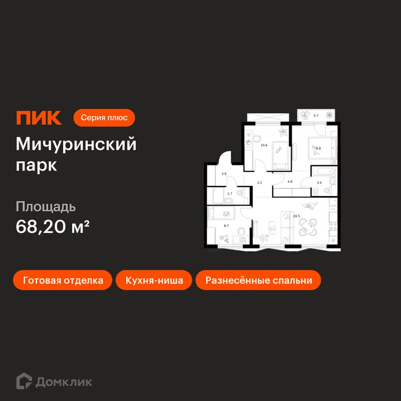 3-комнатная квартира 68.2 м² Мичуринский парк