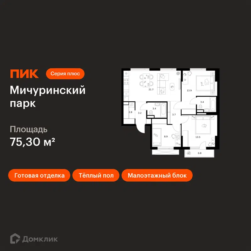 3-комнатная квартира 75.3 м² Мичуринский парк