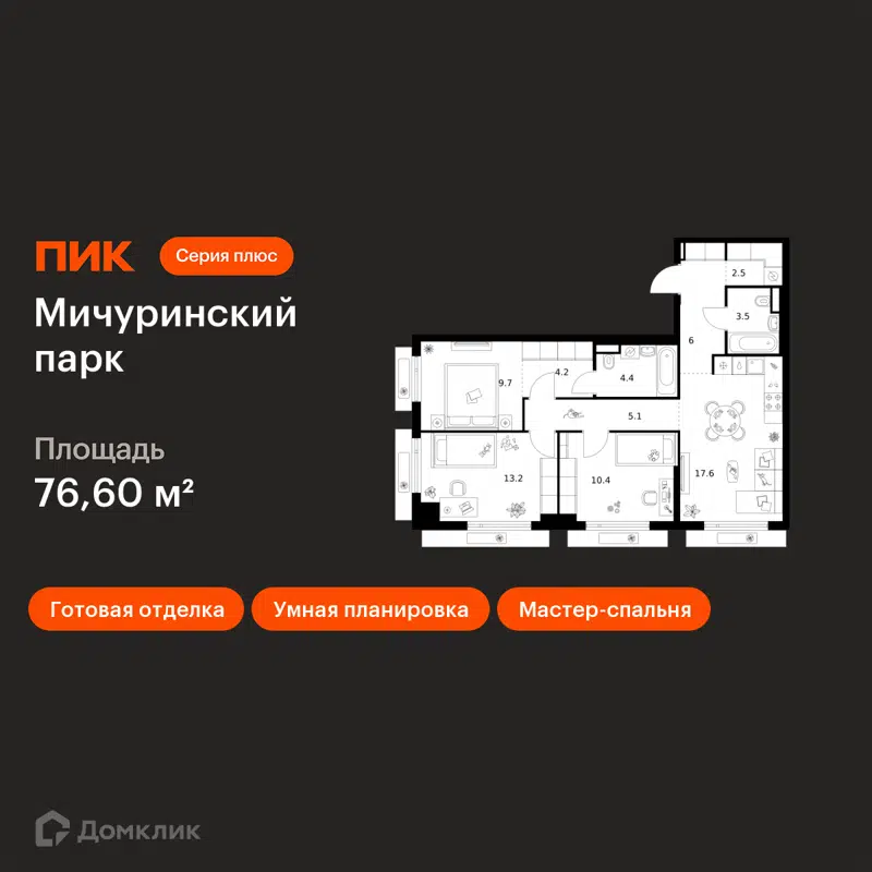 3-комнатная квартира 76.6 м² Мичуринский парк