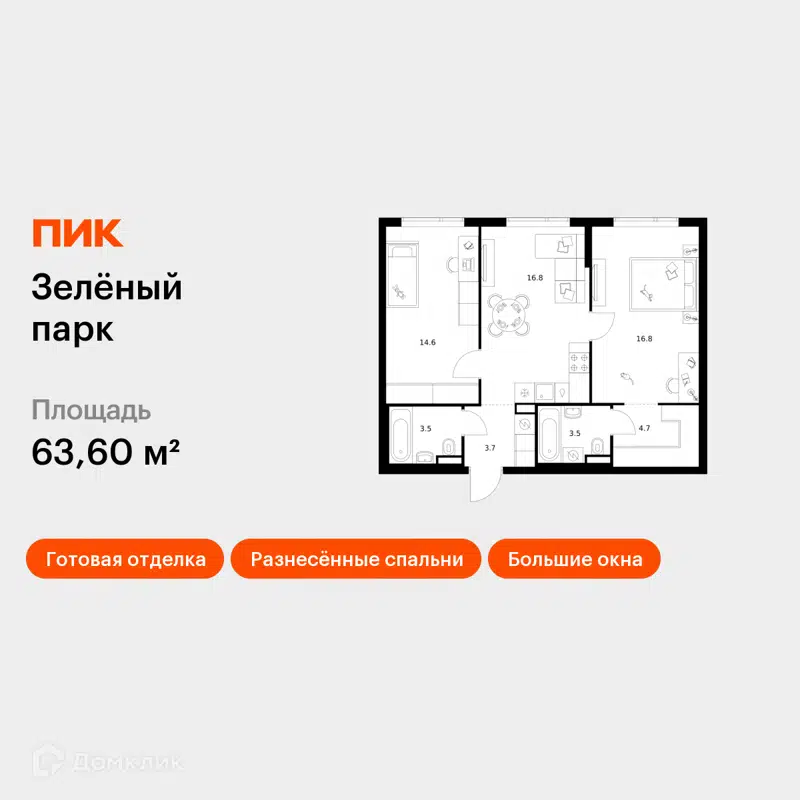 2-комнатная квартира 63.6 м² Зелёный парк