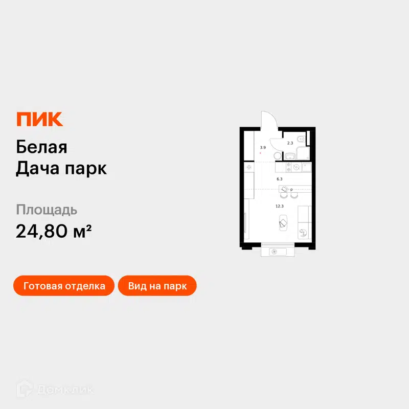 Студия 24.8 м² Белая Дача парк